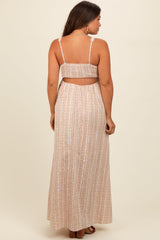 Beige Striped Back Cut Out Maternity Maxi Dress