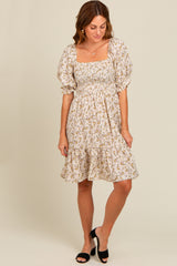 Cream Floral Smocked Puff Sleeve Maternity Dress