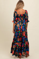 Black Floral Satin Smocked Tiered Maternity Maxi Dress