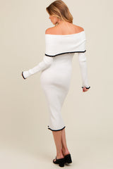 Ivory Knit Off Shoulder Contrast Ruffle Trim Maternity Dress