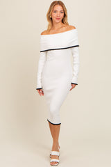Ivory Knit Off Shoulder Contrast Ruffle Trim Maternity Dress