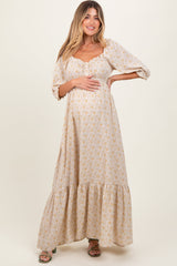 Cream Floral Sweetheart Neckline Maternity Maxi Dress