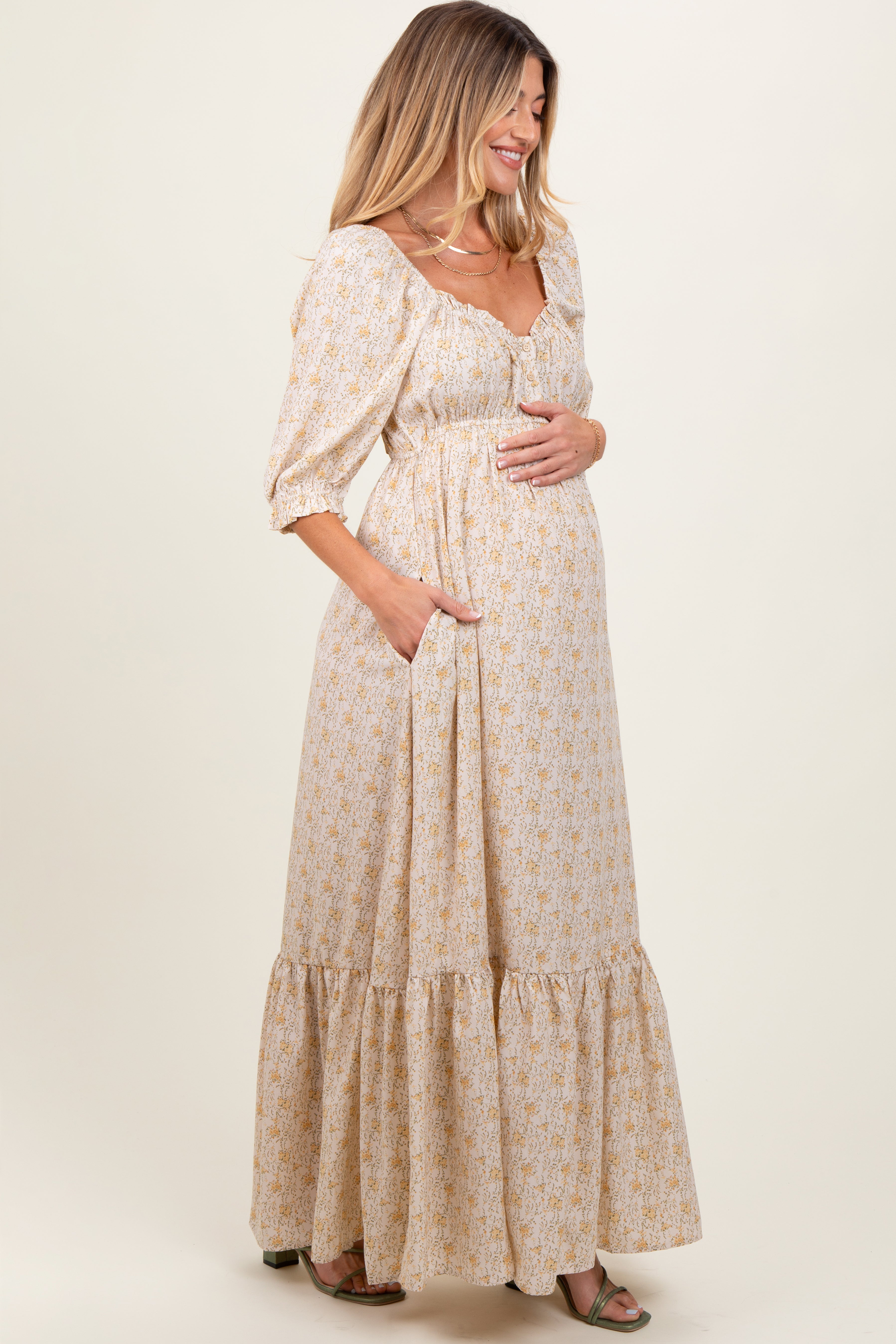 Cream Floral Sweetheart Neckline Maternity Maxi Dress