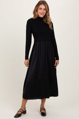 Black Knit Contrast Top Satin Maternity Midi Dress