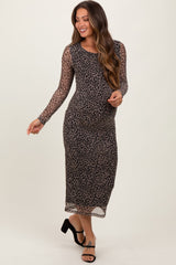 Black Leopard Print Mesh Long Sleeve Maternity Midi Dress
