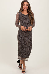Black Leopard Print Mesh Long Sleeve Maternity Midi Dress