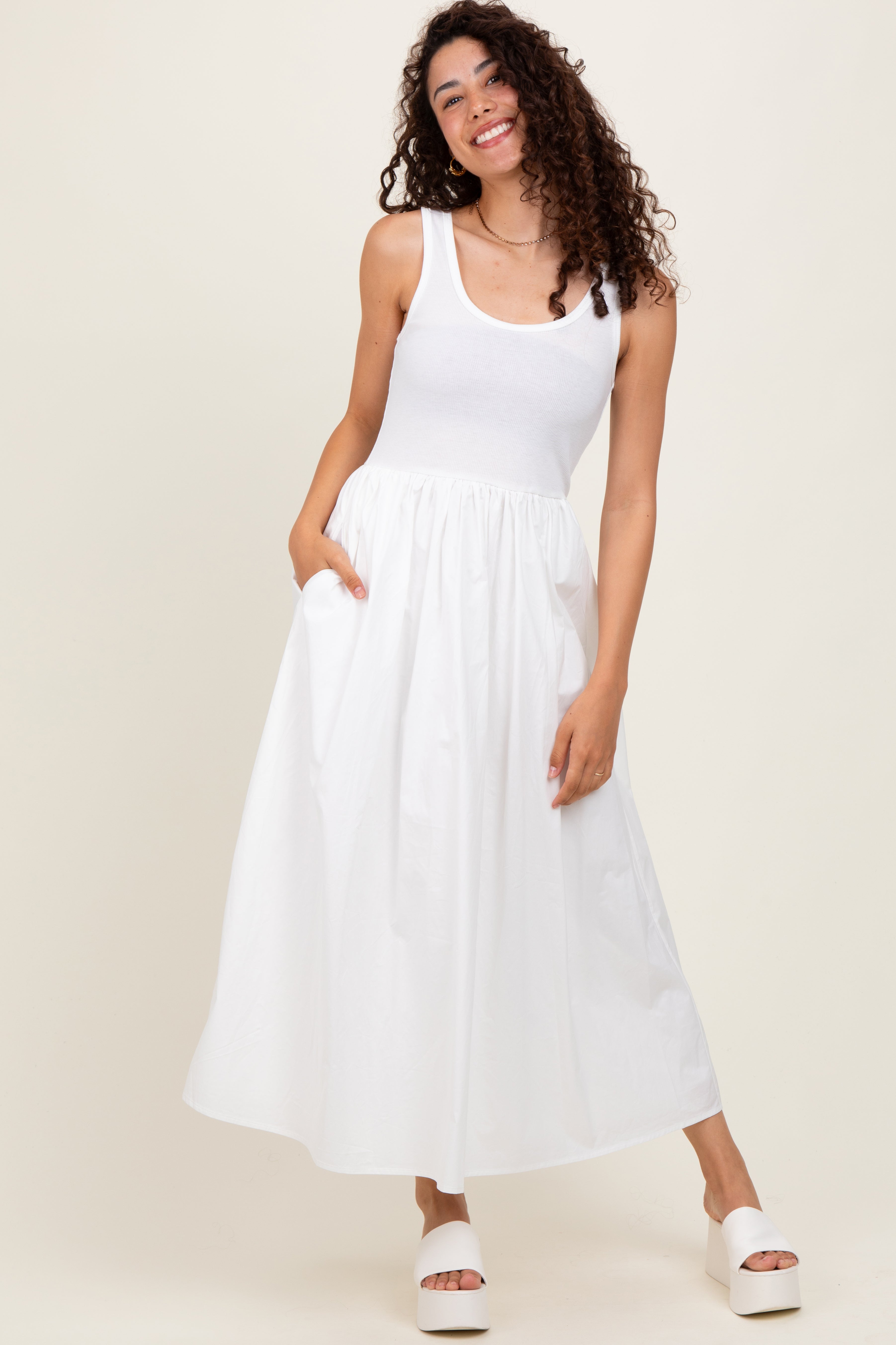 White Scoop Neck Contrast Skirt Maternity Maxi Dress