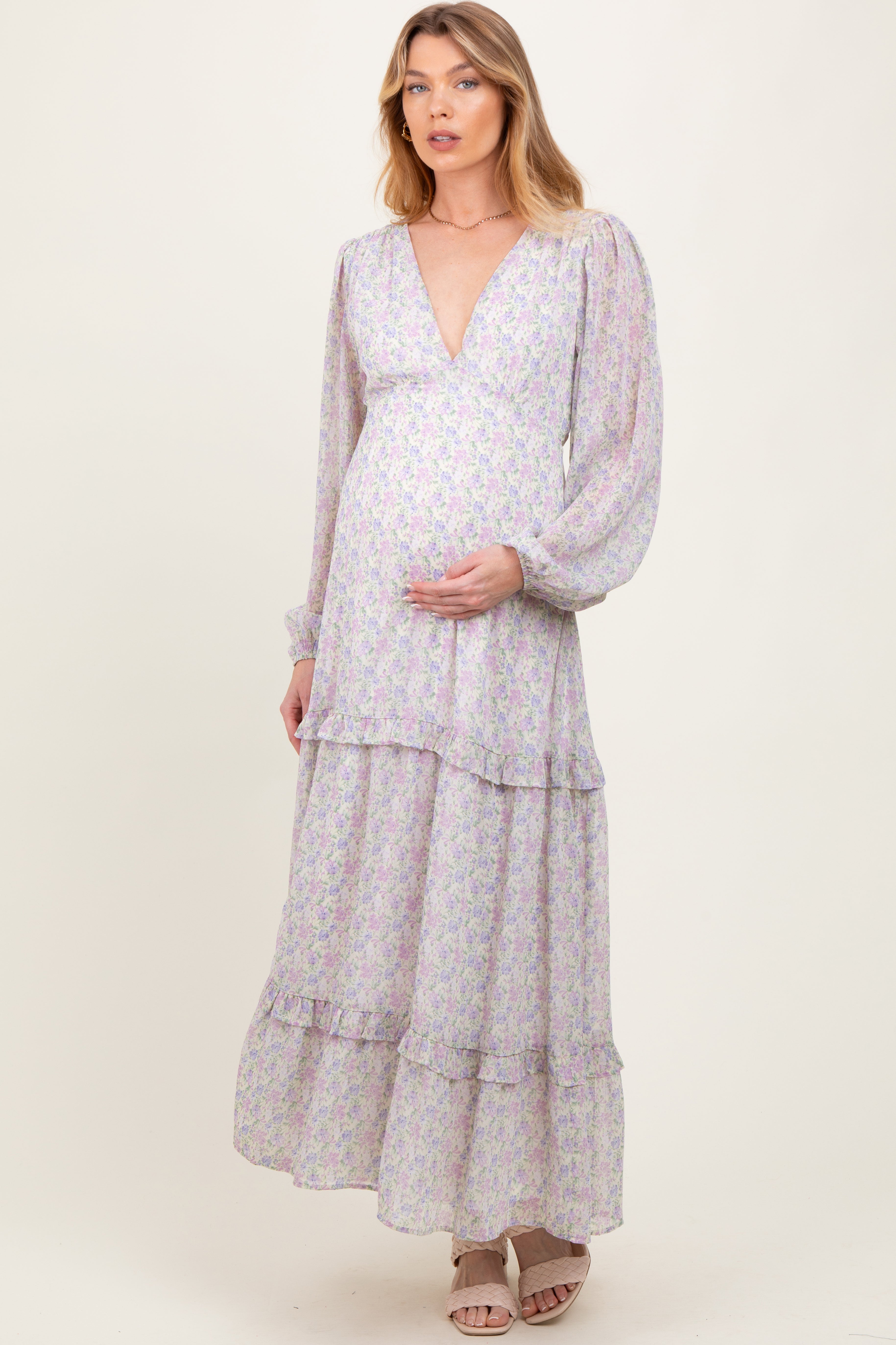 Ivory Floral Chiffon V-Neck Ruffle Tiered Maternity Maxi Dress