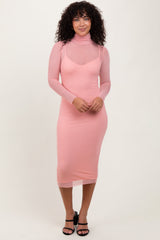 Coral Mesh Overlay Fitted Maternity Midi Dress