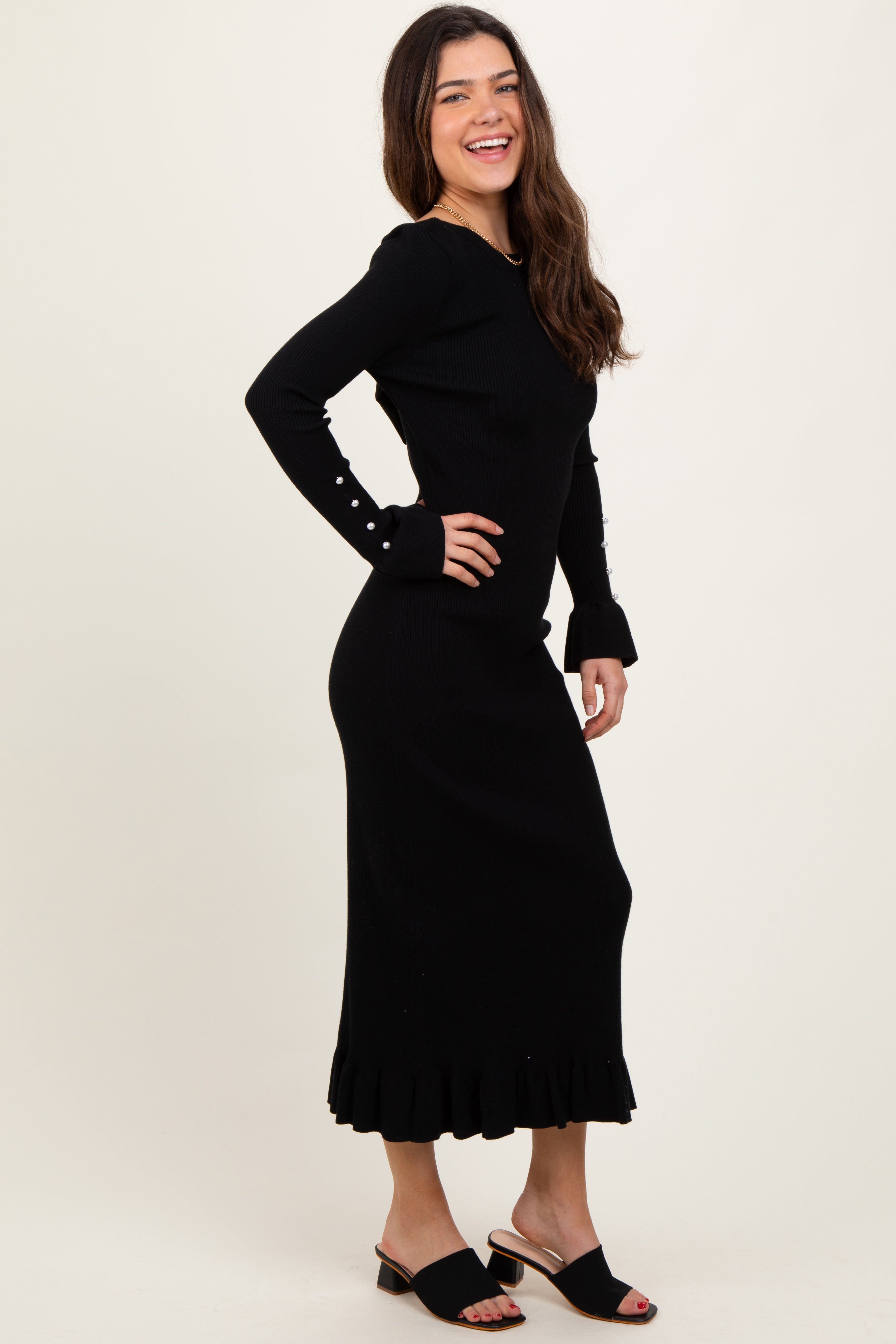 Black Ribbed Knit Bow Back Maternity Maxi Dress