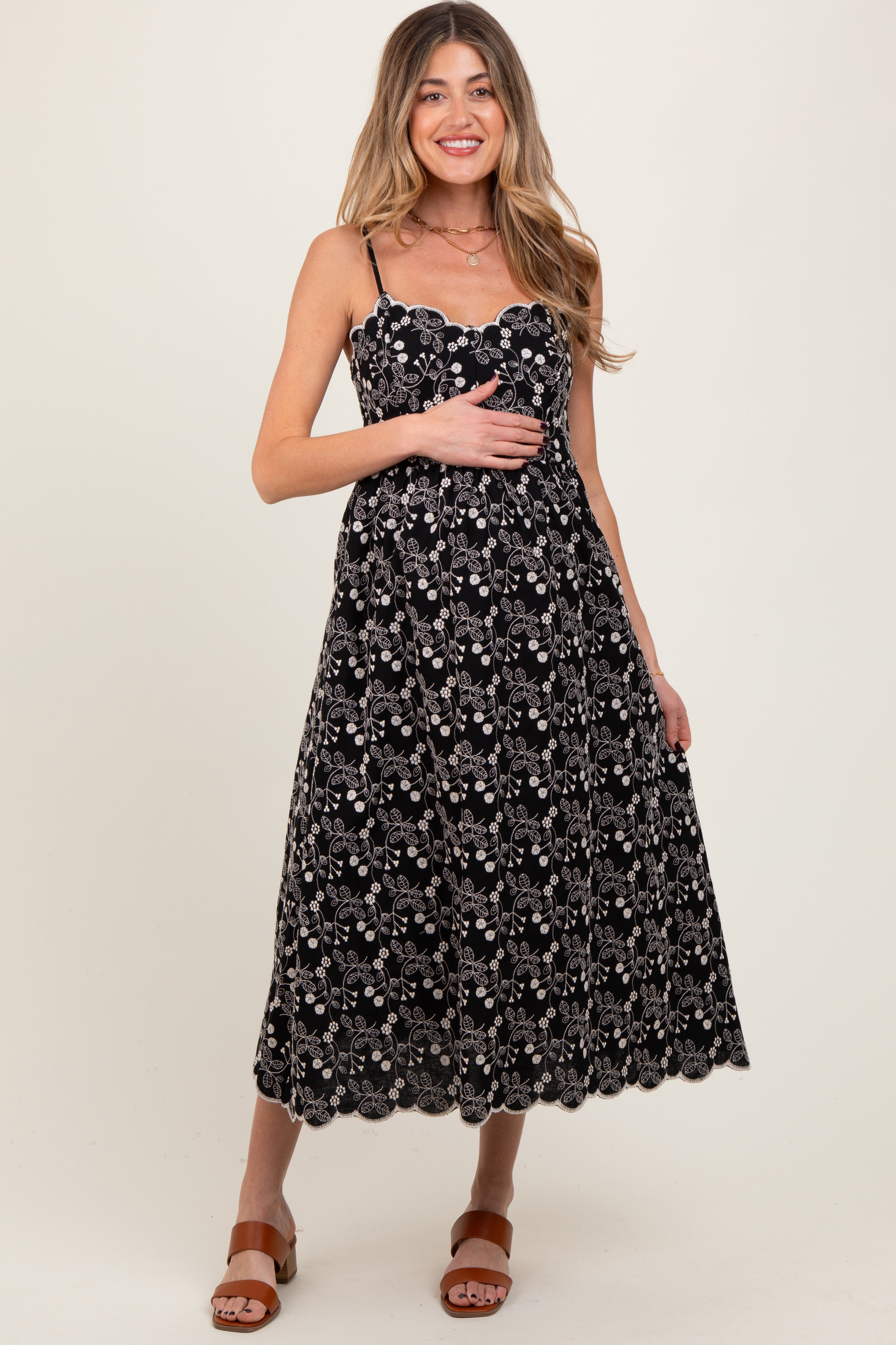 Black Floral Embroidered Scallop Detail Maternity Midi Dress