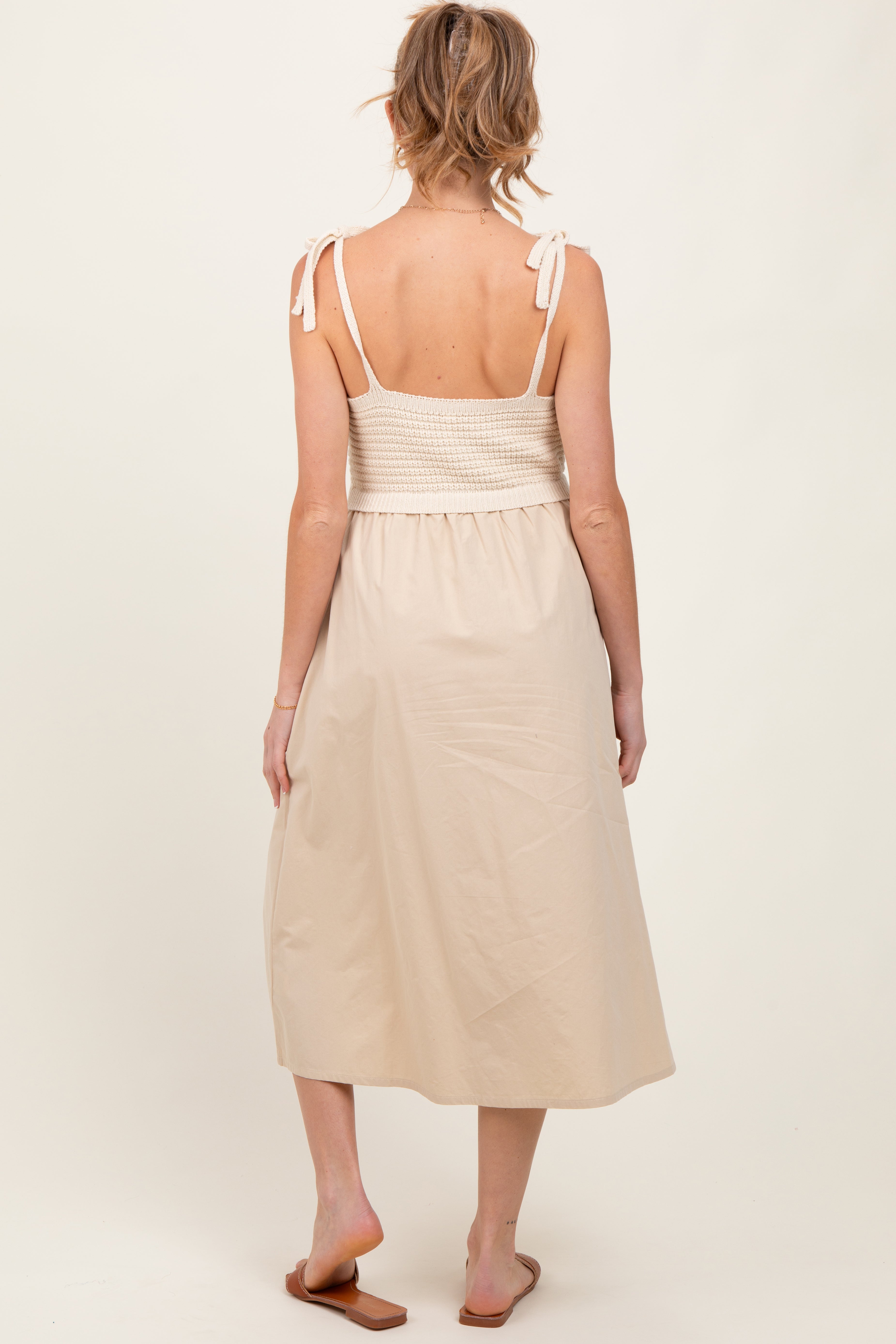 Cream Contrast Knit Bodice Maternity Midi Dress