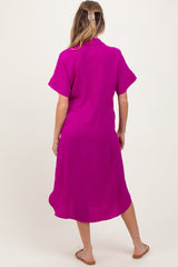 Fuchsia Button Down Front Pocket Maternity Midi Dress