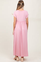 Light Pink Short Sleeve Pocketed Maternity Maxi Dress