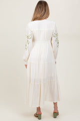 Cream Embroidered Long Sleeve Maternity Maxi Dress