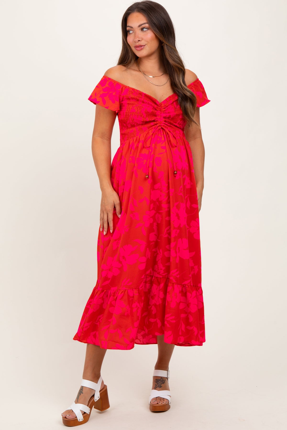 Red Multi Smocked Top Maternity Maxi Dress