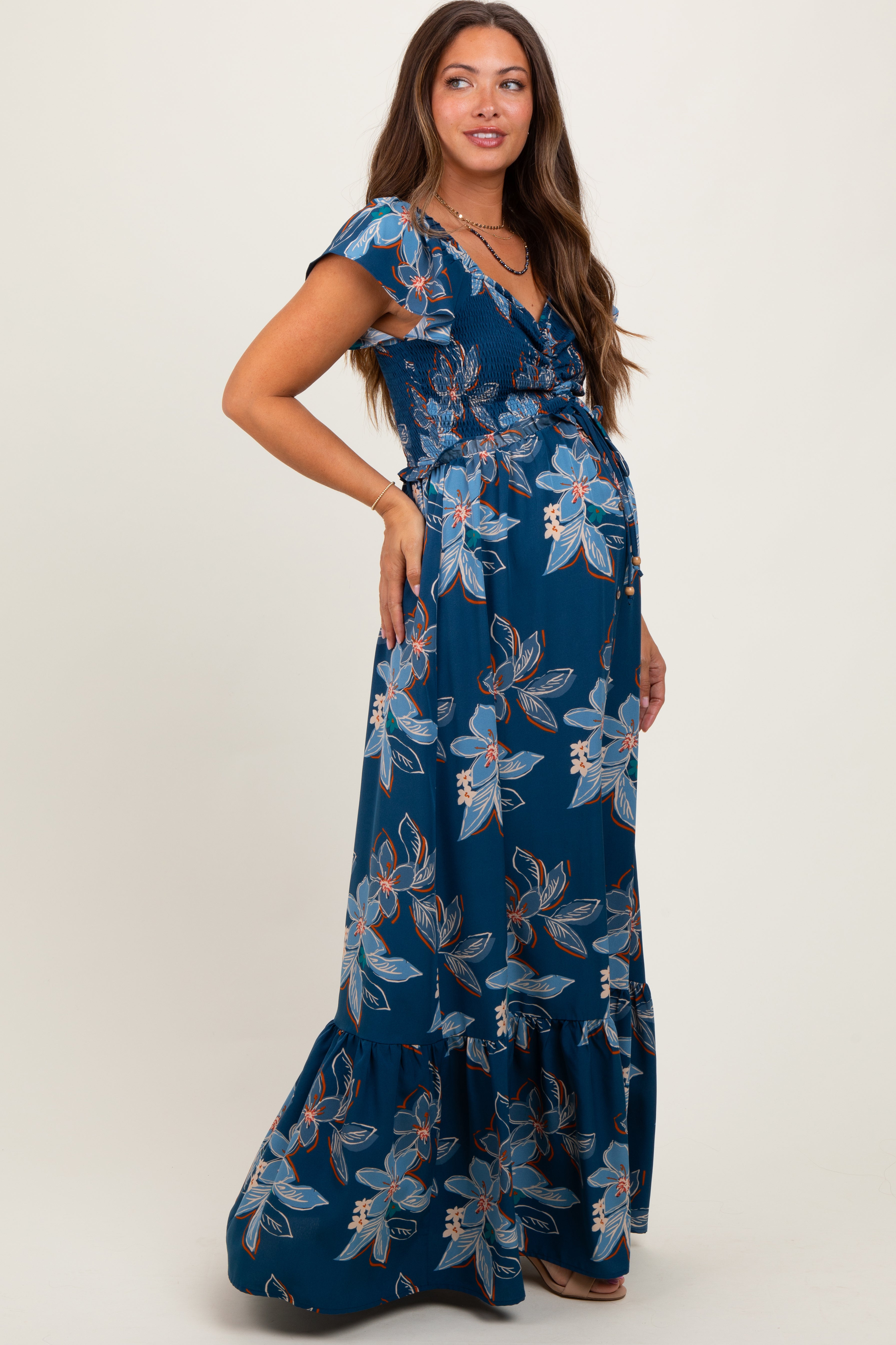 Navy Floral Smocked Cinched Top Maternity Maxi Dress