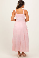 Light Pink Smocked Embroidered Bust Textured Maternity Midi Dress