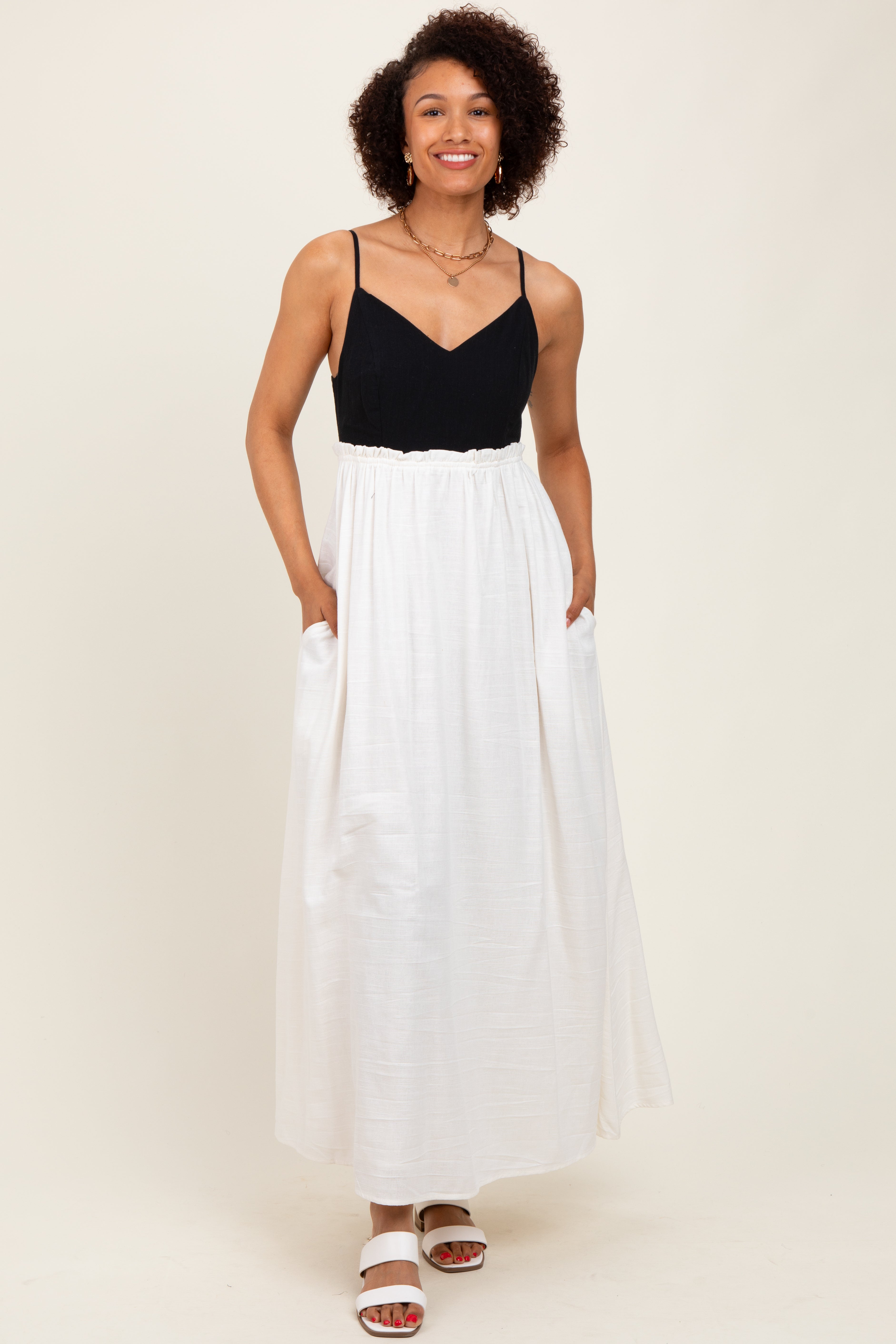 Cream Colorblock Open Tie Back Maternity Maxi Dress