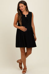 Black Pleated Front Tie Linen Blend Maternity Dress