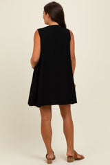 Black Pleated Front Tie Linen Blend Maternity Dress