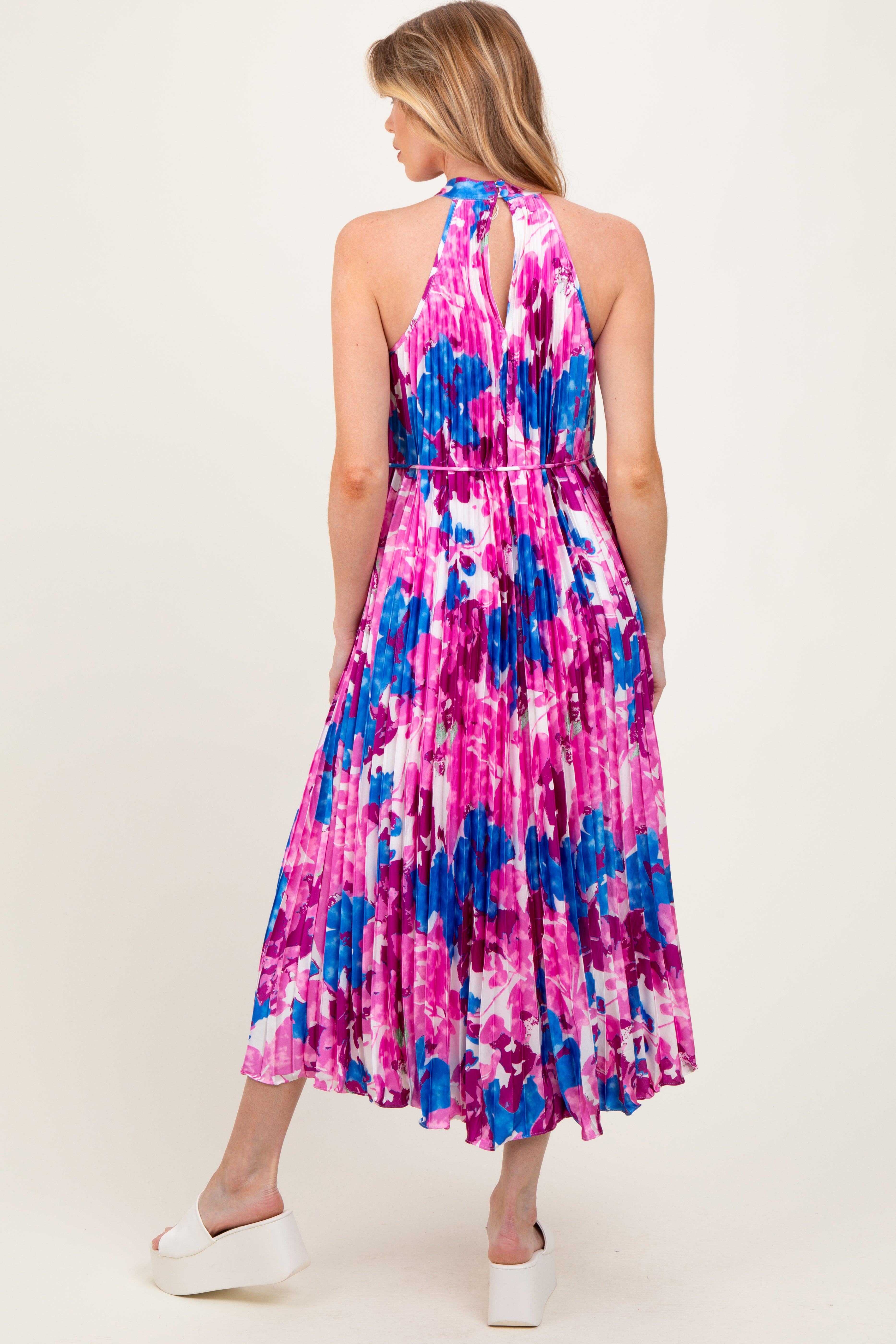 Magenta Floral Satin Pleated Halter Neck Maternity Midi Dress