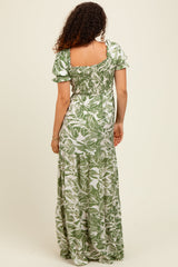 Green Tropical Print Smocked Front Tie Maternity Maxi Dress