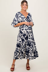 Navy Abstract Floral V-Neck Tiered Maternity Midi Dress