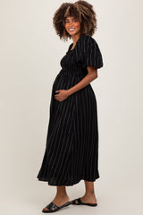Black Linen Stripe Puff Sleeve Maternity Midi Dress