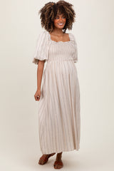 Beige Linen Stripe Puff Sleeve Maternity Midi Dress