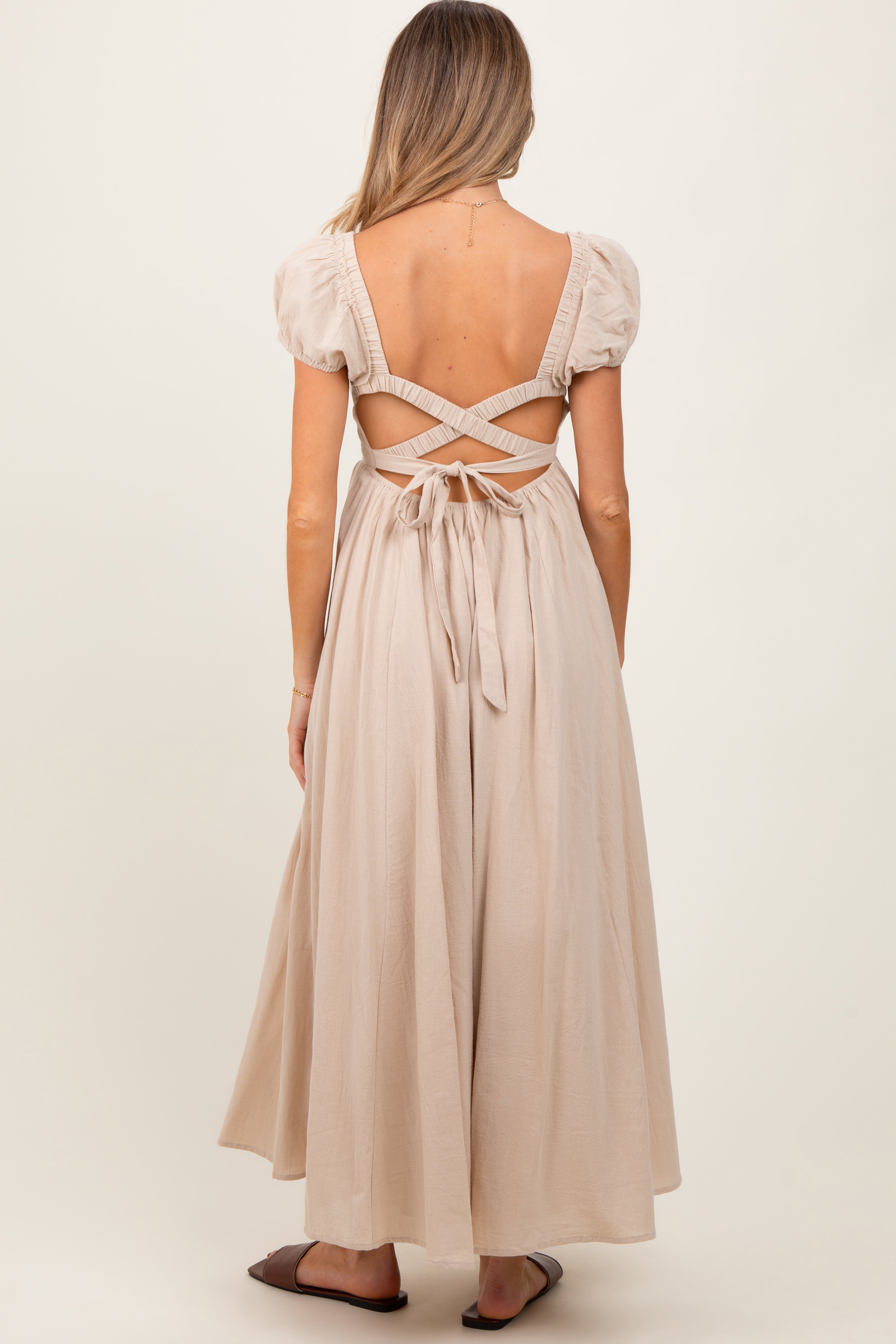 Beige Square Neck Smocked Top Criss Cross Back Tie Maternity Maxi Dress
