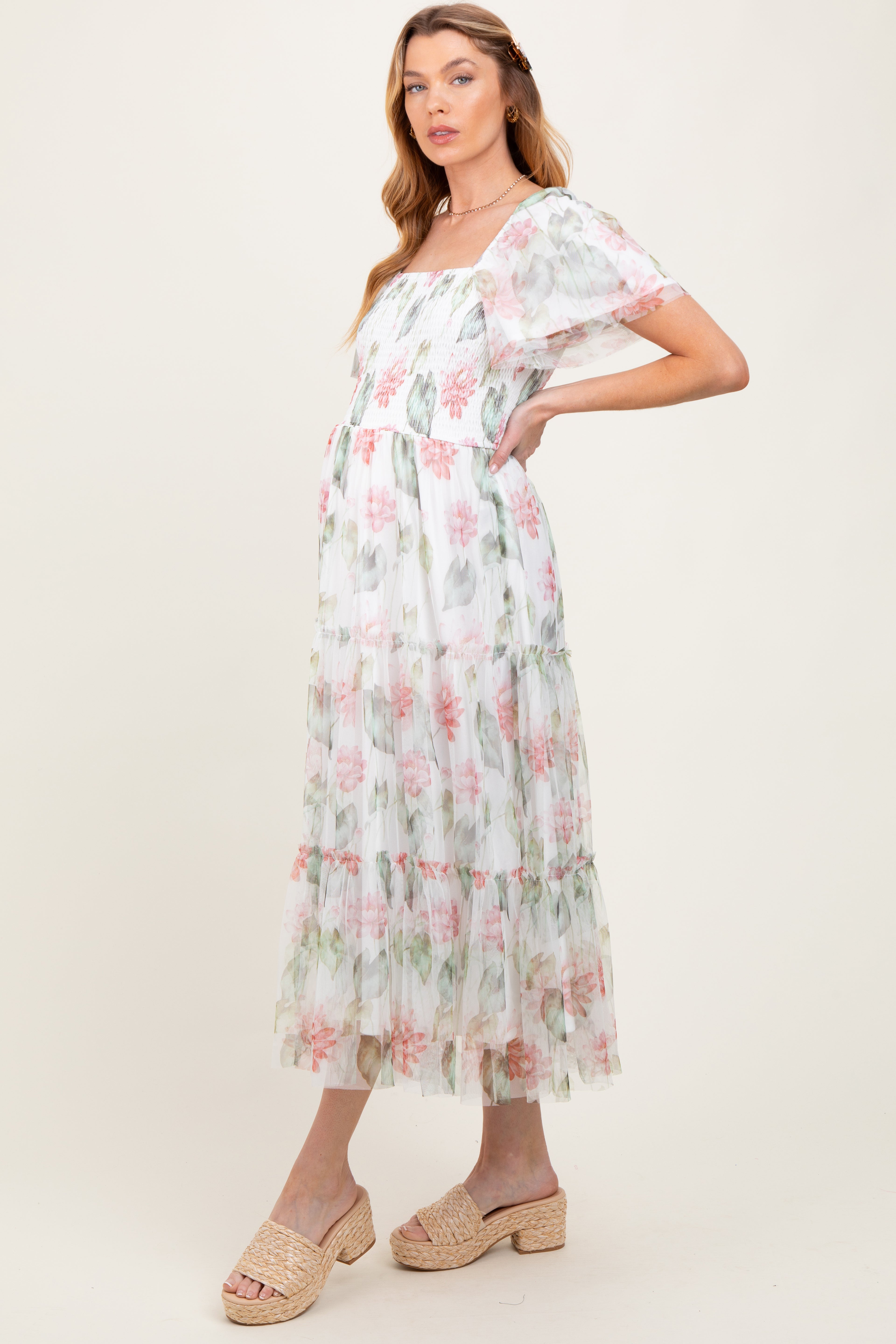 Ivory Floral Mesh Smocked Maternity Midi Dress
