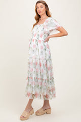 Ivory Floral Mesh Smocked Maternity Midi Dress