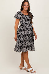 Black Floral Embroidered Square Neck Maternity Dress