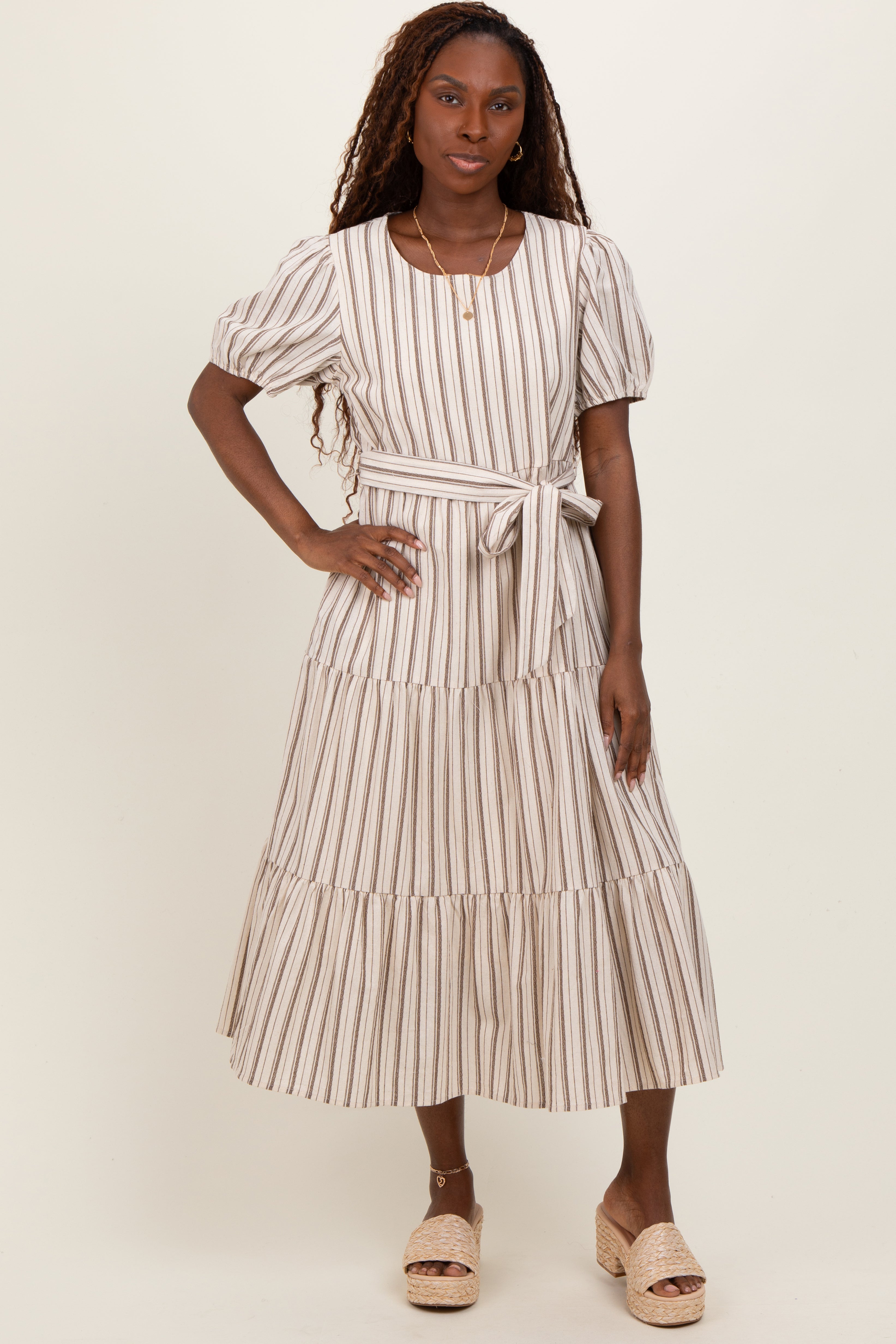 Ivory Stripe Tiered Tied Waist Maternity Midi Dress