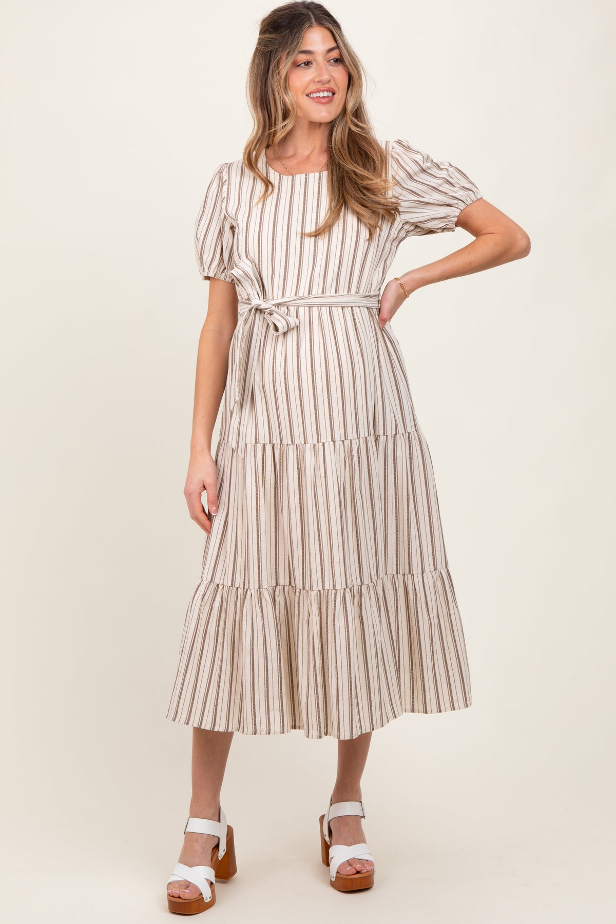 Ivory Stripe Tiered Tied Waist Maternity Midi Dress