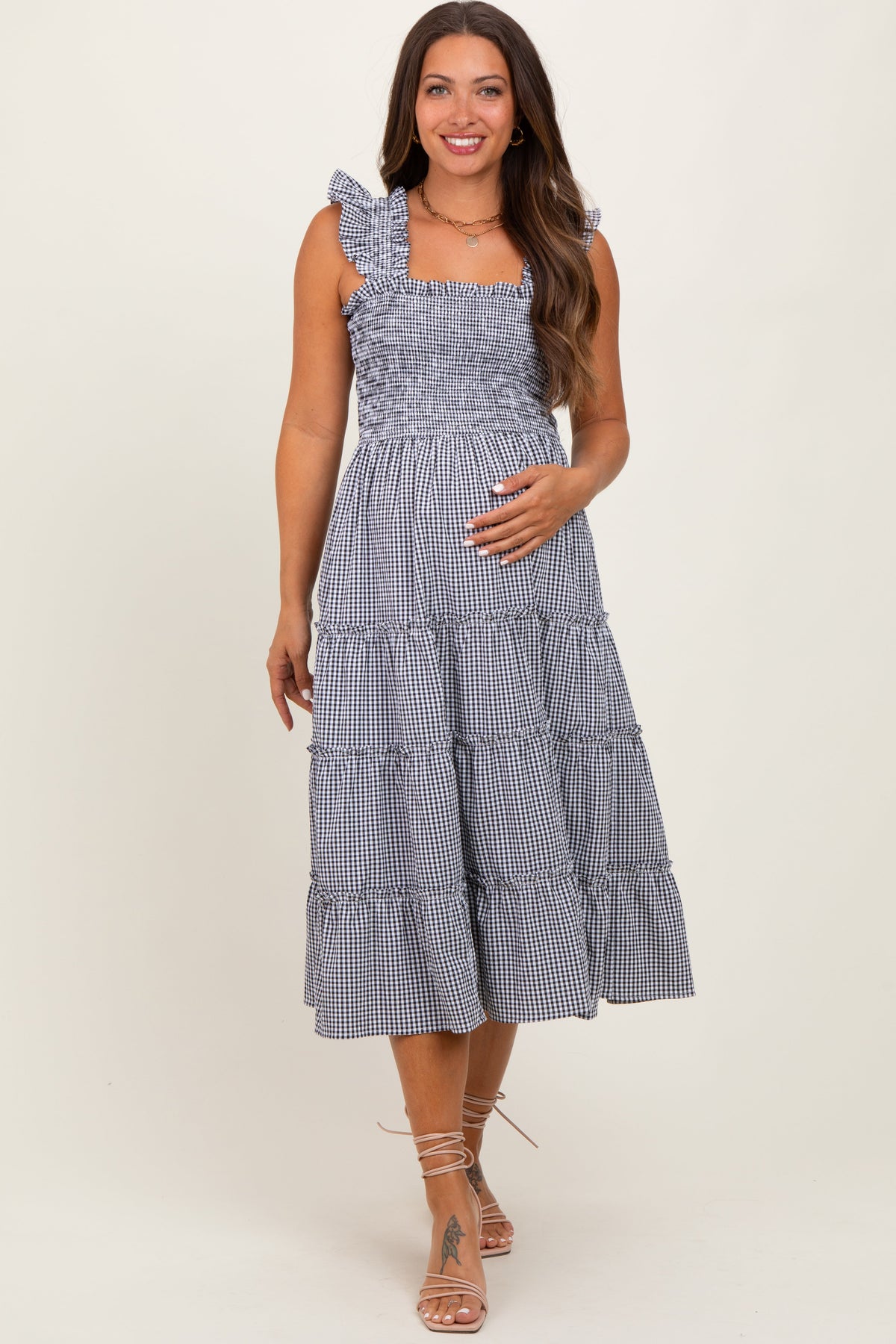 Black Gingham Ruffle Tiered Maternity Midi Dress