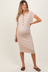 Beige Solid Ribbed Short Sleeve Button Down Knit Maternity Midi Dress