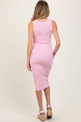 Light Pink Striped Sleeveless Fitted Maternity Midi Dress