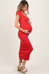 Coral Knit Square Neck Fitted Maternity Midi Dress