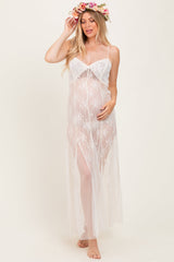 Cream Sheer Floral Lace Maternity Photoshoot Dress