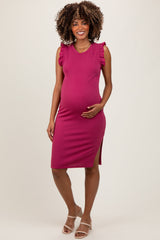 Magenta Ruffle Sleeve Textured Maternity Midi Dress