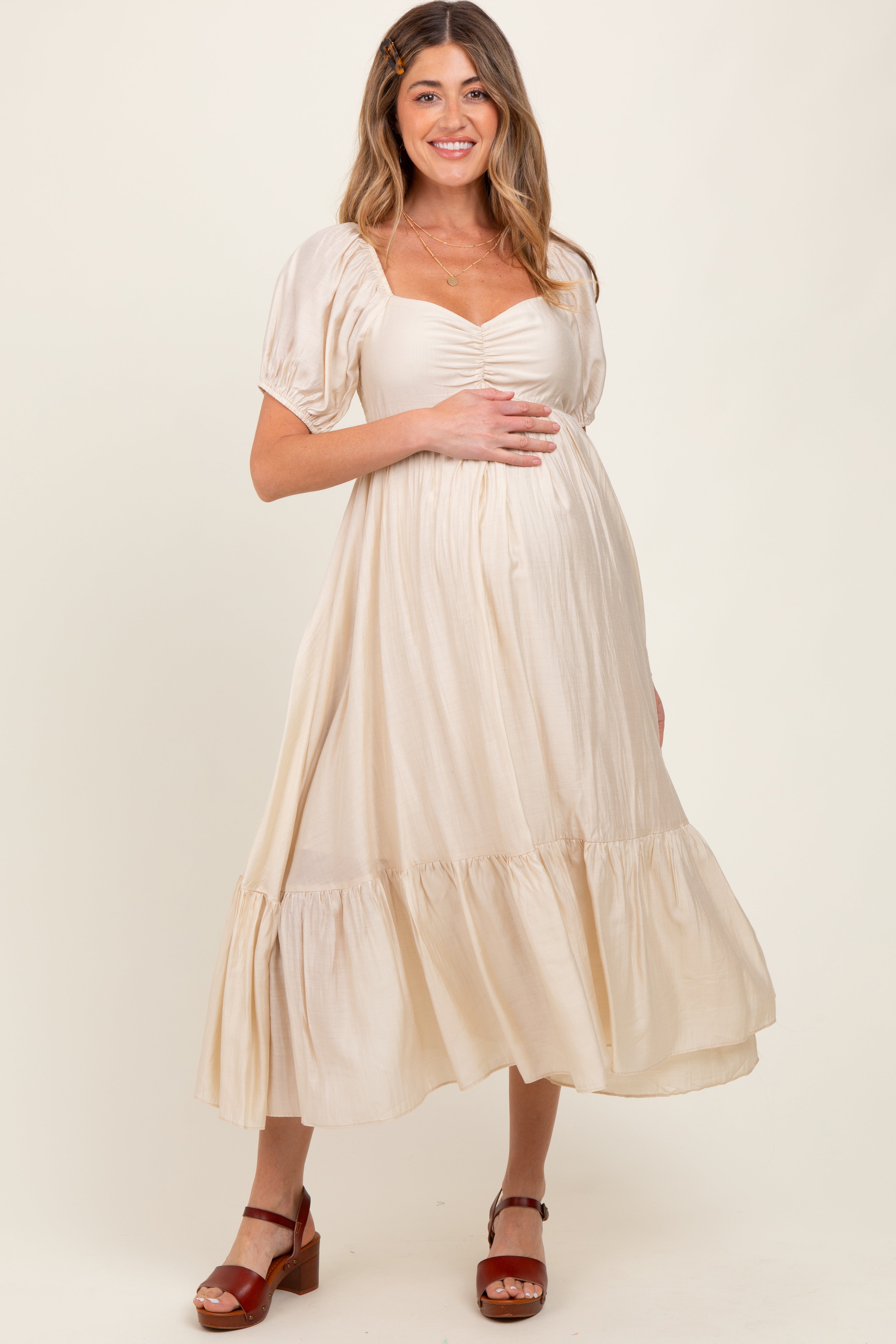 Cream Ruched Sweetheart Neck Tiered Maternity Midi Dress