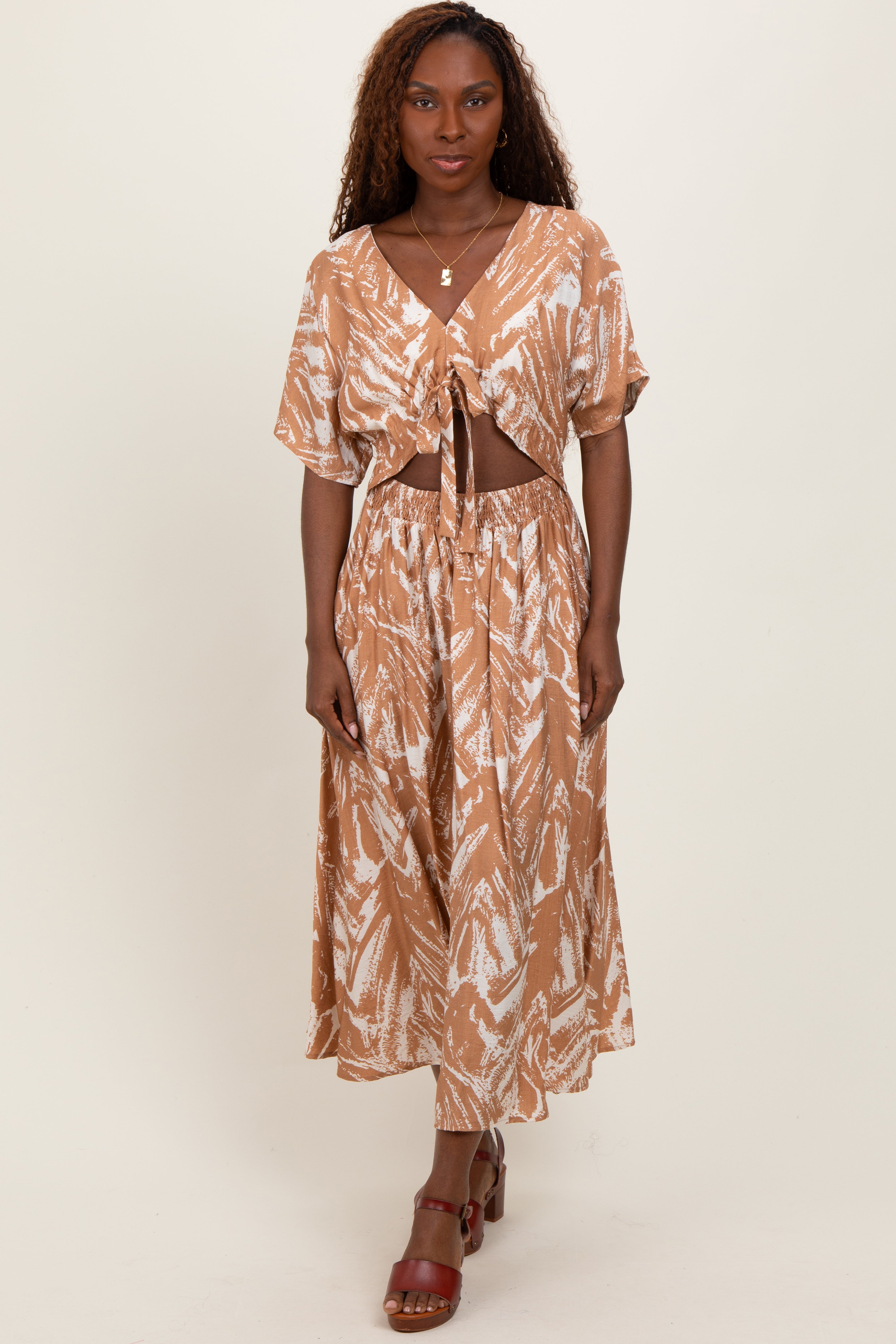 Camel Brushstroke Print Cutout Maternity Midi Dress