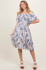 Cream Floral Smocked Maternity Midi Dress