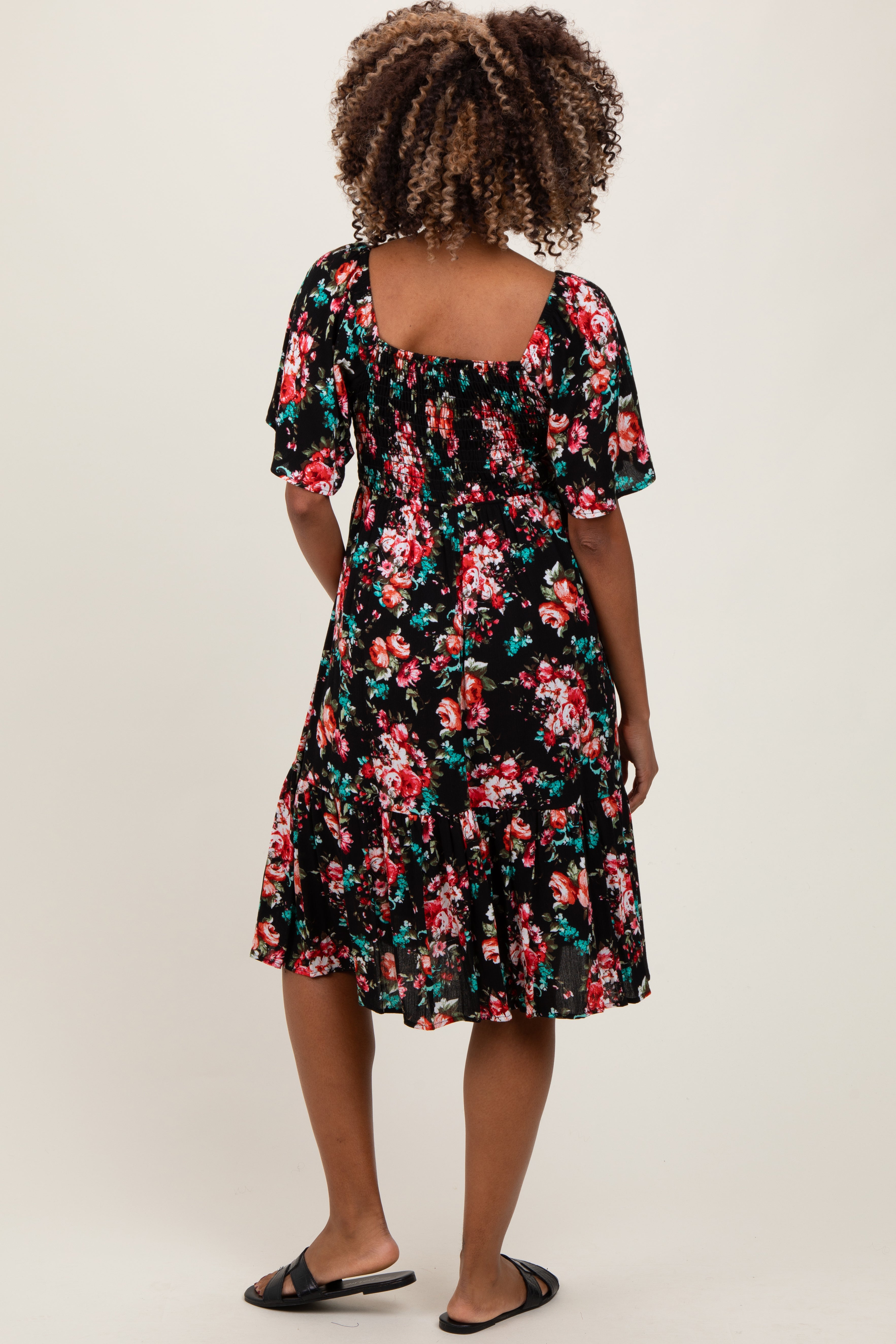 Black Floral Smocked Maternity Midi Dress