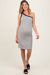 Cream/Black One Shoulder Striped Maternity Bodycon Knit Dress