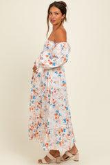 Ivory Floral Off Shoulder Long Sleeve Maternity Maxi Dress