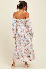 Ivory Floral Off Shoulder Long Sleeve Maternity Maxi Dress