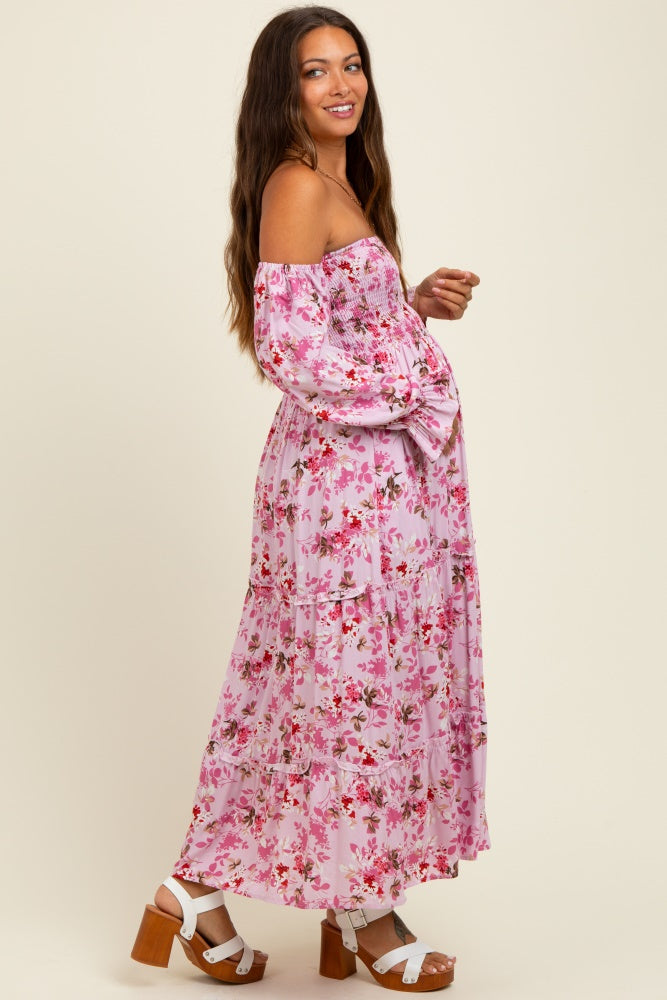 Light Pink Floral Off Shoulder Long Sleeve Maternity Maxi Dress